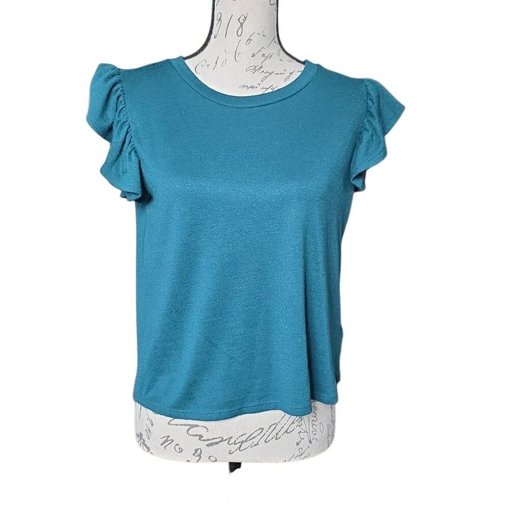 bobeau Teal Ruffle Sleeve Knit Top